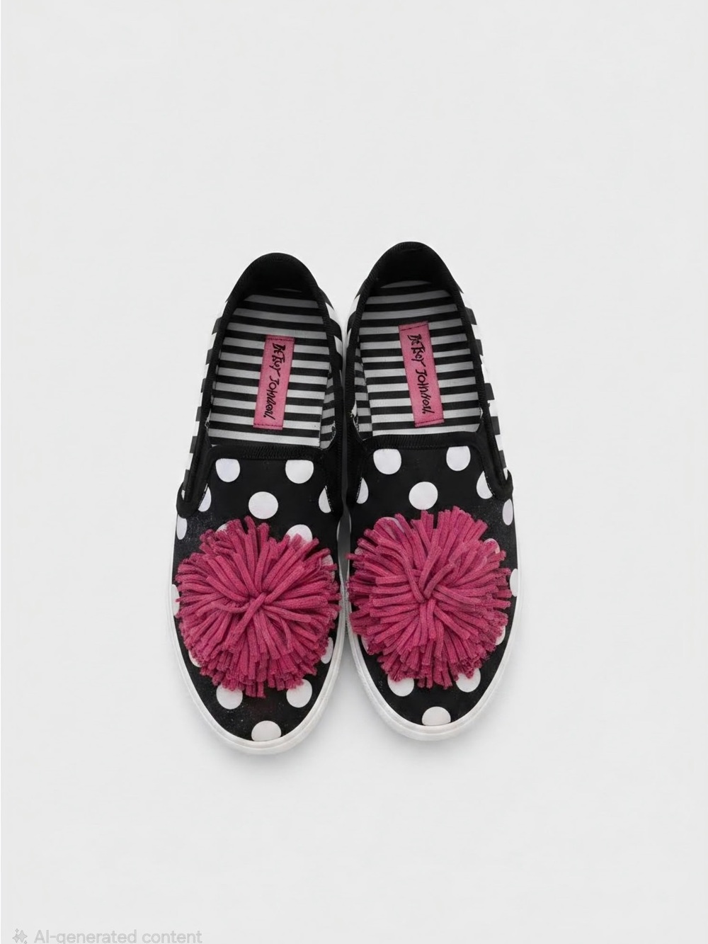 Betsey Johnson Black & White Polka Dot Slip-Ons with Pink Pom Poms